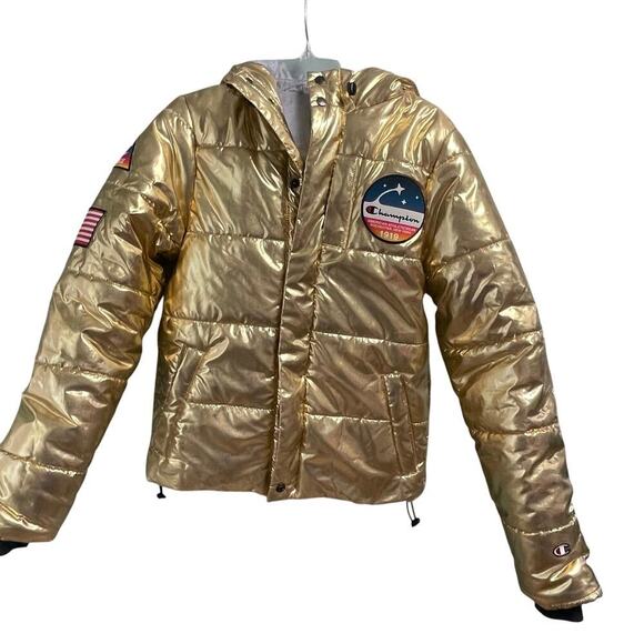 Champion Dream Big Metallic Gold NASA Puffer Jacket Puffy Coat XS Rare Mens - Picture 1 of 10